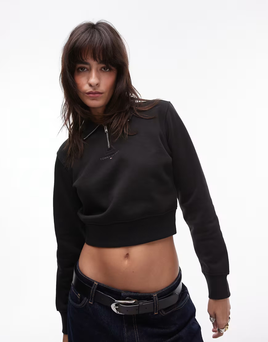 Tommy Jeans cropped quarter zip sweatshirt in black | ASOS (Global)