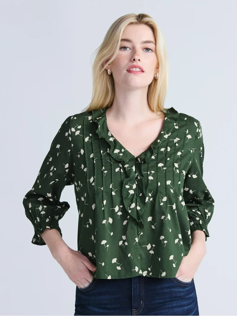 Time and Tru Women's Ruffle Neck Blouse with 3/4-Length Sleeves, Sizes XS-XXXL | Walmart (US)