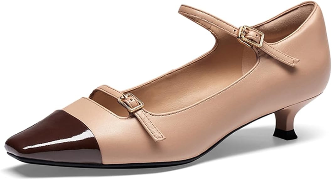 Milooey shoes Cap Toe Kitten Heel Pumps Closed Square Toe Low Heels Double Strap with Buckle Comf... | Amazon (US)