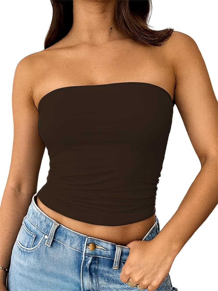 ForeFair Women Strapless Tube Tops Double Lined Ruched Backless Bandeau Going Out Top Basic Tank ... | Amazon (US)