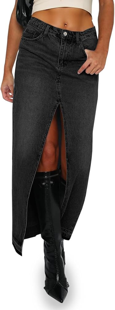 Fisoew Women's Long Denim Maxi Skirts High Waisted Frayed Hem Western Split Jean Skirt Streetwear | Amazon (US)