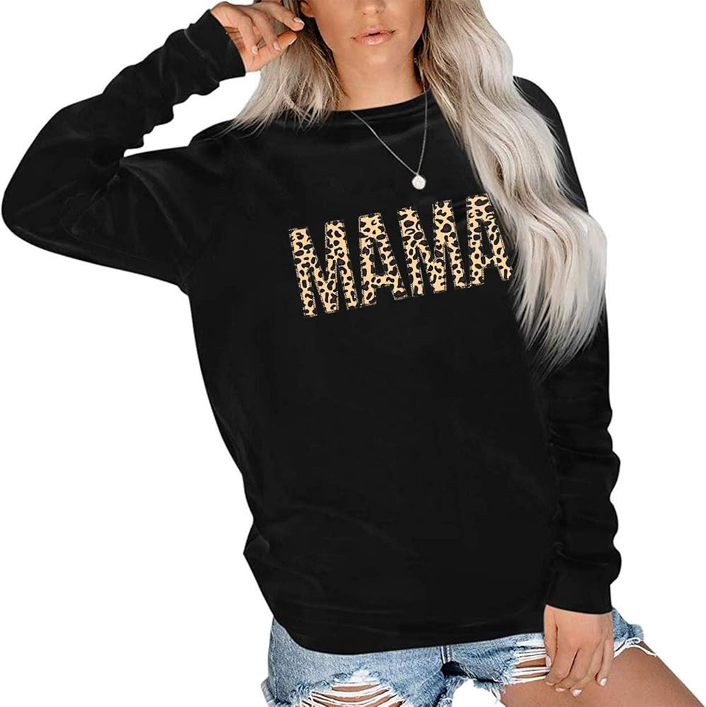 Mama Sweatshirt Women Cute Leopard Funny Letter Print Mom Blouse Tops Casual Long Sleeve Vacation Sh | Amazon (US)