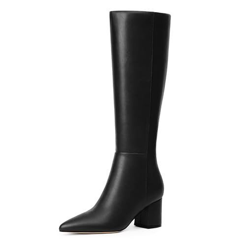 Easyfox Tall Black Boots for Women Chunky Heeled Knee High Boots Black Leather Pointed Toe Fall Boot Long High Boot Size 7.5 | Amazon (US)