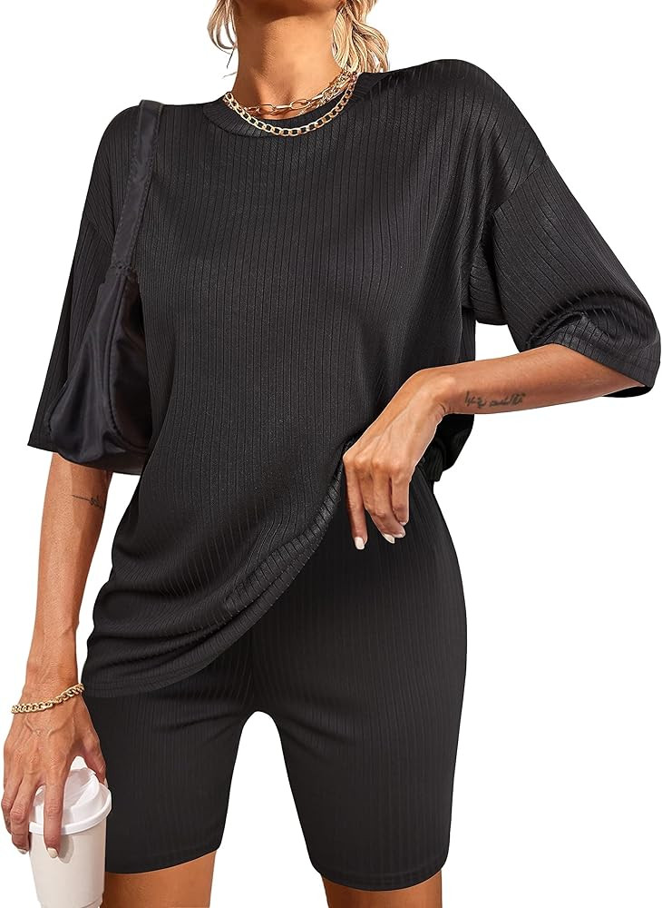 Ekouaer Pajamas 2 Piece Lounge Sets Ribbed Knit Matching Outfits T-shirt Biker Shorts Sleepwear L... | Amazon (US)