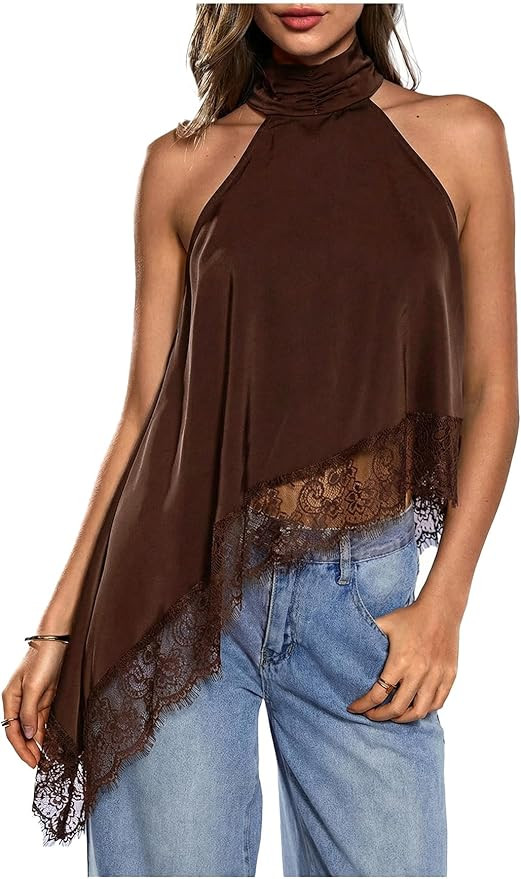 Milumia Women's Halter Neck Sleeveless Top Lace Asymmetrical Hem Summer Going Out Tank Tops | Amazon (US)