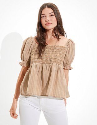 AE Square Neck Smocked Babydoll Blouse | American Eagle Outfitters (US & CA)