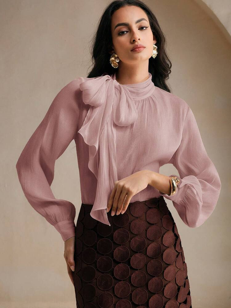 Anewsta Women's High Neck Long Sleeve Tie Cuff Elegant Chic Commuter Blouse With Bow Tie | SHEIN USA Blouse | SHEIN