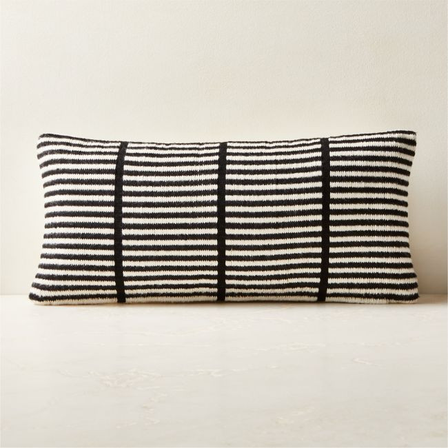Stria Black and White Woven Silk Lumbar Pillow with Down-Alternative Insert 23''x11'' by Ackerman | CB2