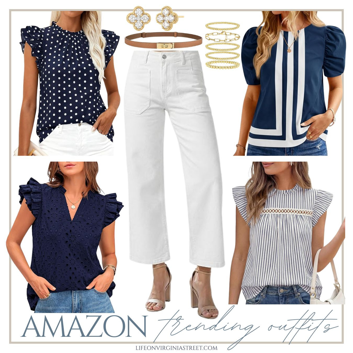 Cute trending outift ideas all from Amazon, including a polka dot top, eyelet ruffle sleeve top, coloblock top, and striped ruffle top with white denim!

#LTKOver40 #LTKSaleAlert #LTKWorkwear