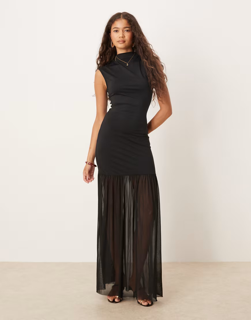 ASOS DESIGN high neck detail maxi dress with mesh skirt in black | ASOS (Global)