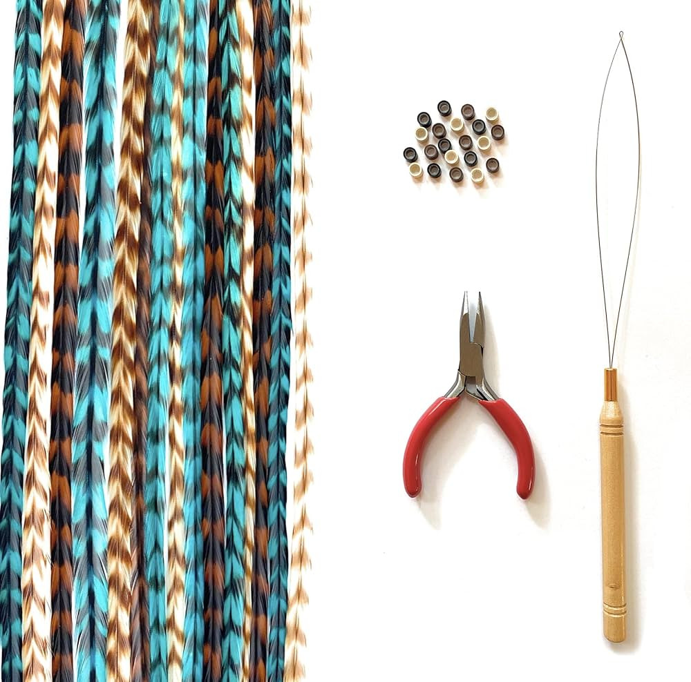 Feather Hair Extensions, 100% Real Rooster Feathers, Long Natural Colors (NBT Striped Kit) | Amazon (US)