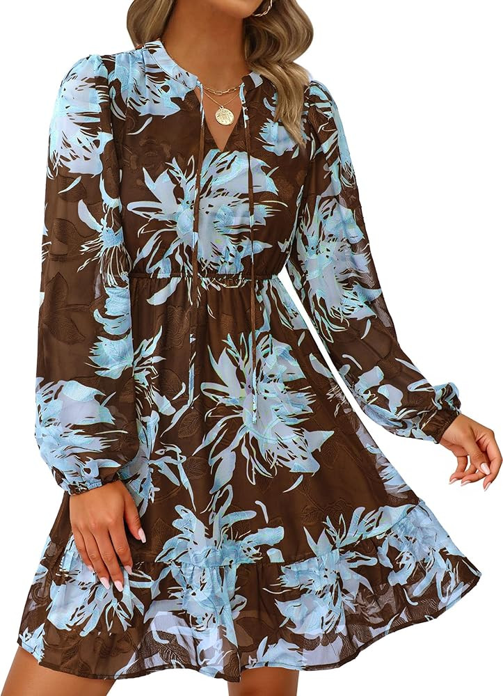 PRETTYGARDEN Women's Fall Boho Dresses 2025 Floral Long Sleeve V Neck Mini Flowy Wedding Guest Dr... | Amazon (US)