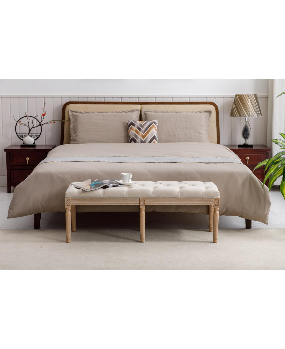 Simplie Fun Beige Velvet Upholstered Tufted Bench Ottoman - Beige | Macy's
