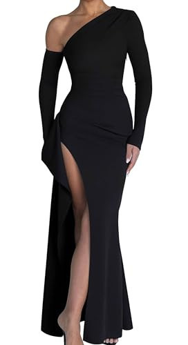 Memoriesea Women's One Shoulder Long Sleeve Sexy High Slit Wedding Guest Party Maxi Dress Black | Amazon (US)