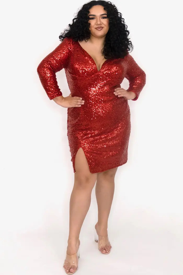 Celebrations by Sydney's Closet Long Sleeve Sequin V-Neck Plus Size Party Dress | Nordstrom | Nordstrom