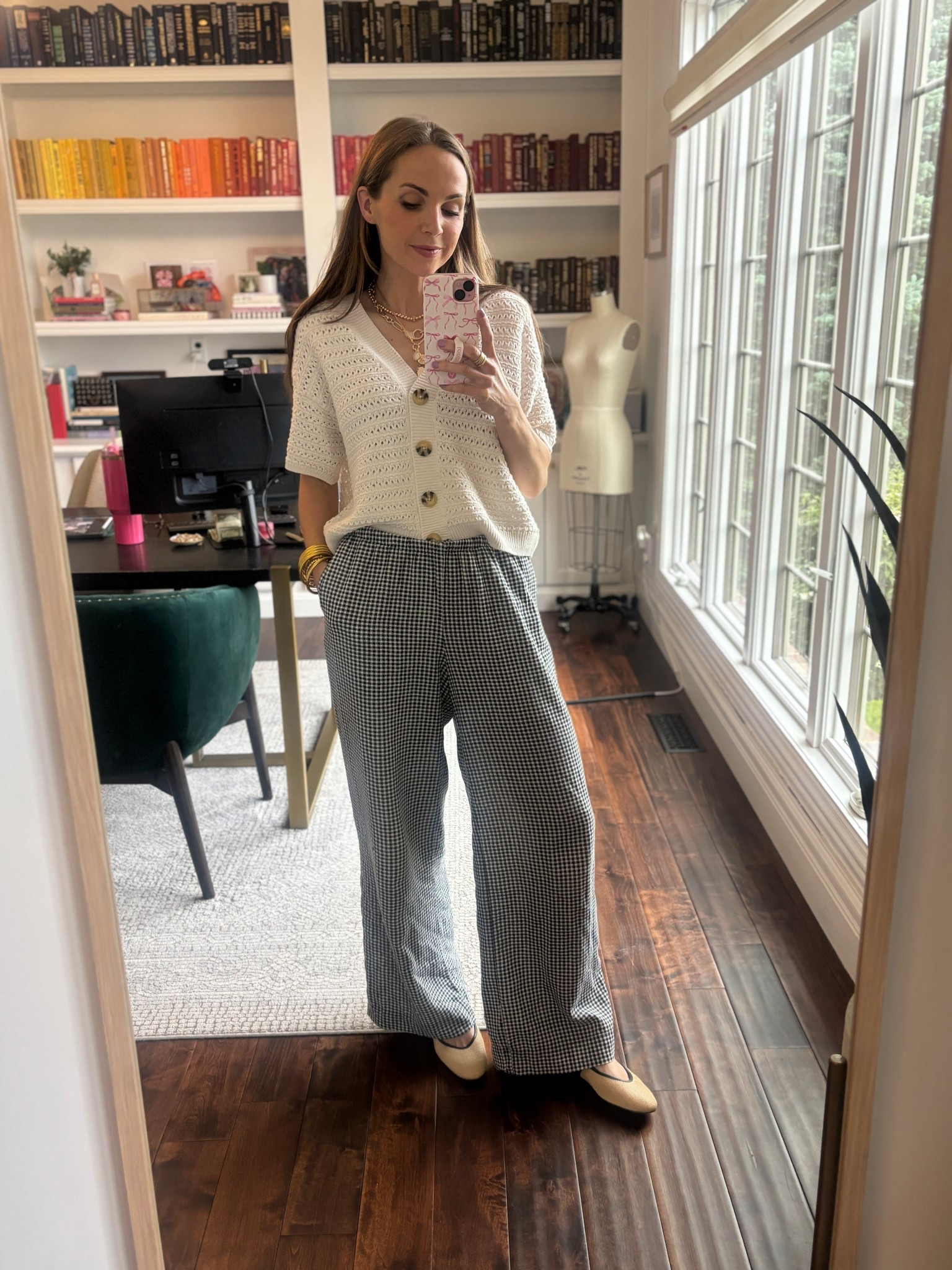 Outfit of the day with these gingham pants that are currently on sale for $17.50. I’m in a size small. 