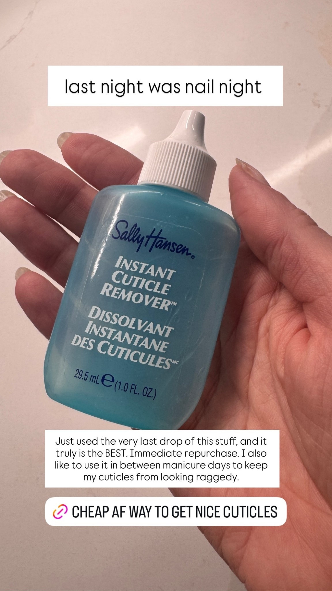 last night was nail night  Just used the very last drop of this stuff, and it truly is the BEST. Immediate repurchase. I also like to use it in between manicure days to keep my cuticles from looking raggedy.