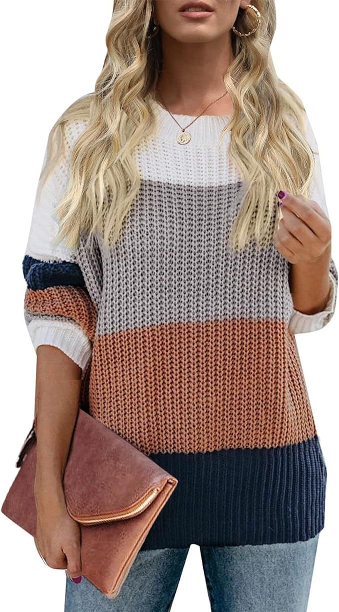 ZESICA Women's Long Sleeve Crew Neck Striped Color Block Casual Loose Knitted Pullover Sweater To... | Amazon (US)