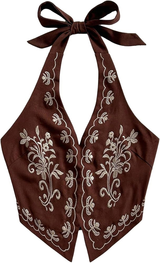 OYOANGLE Women's Floral Boho Summer Halter Crop Tops Embroidery Vacation Tank Top Tie Backless Vi... | Amazon (US)