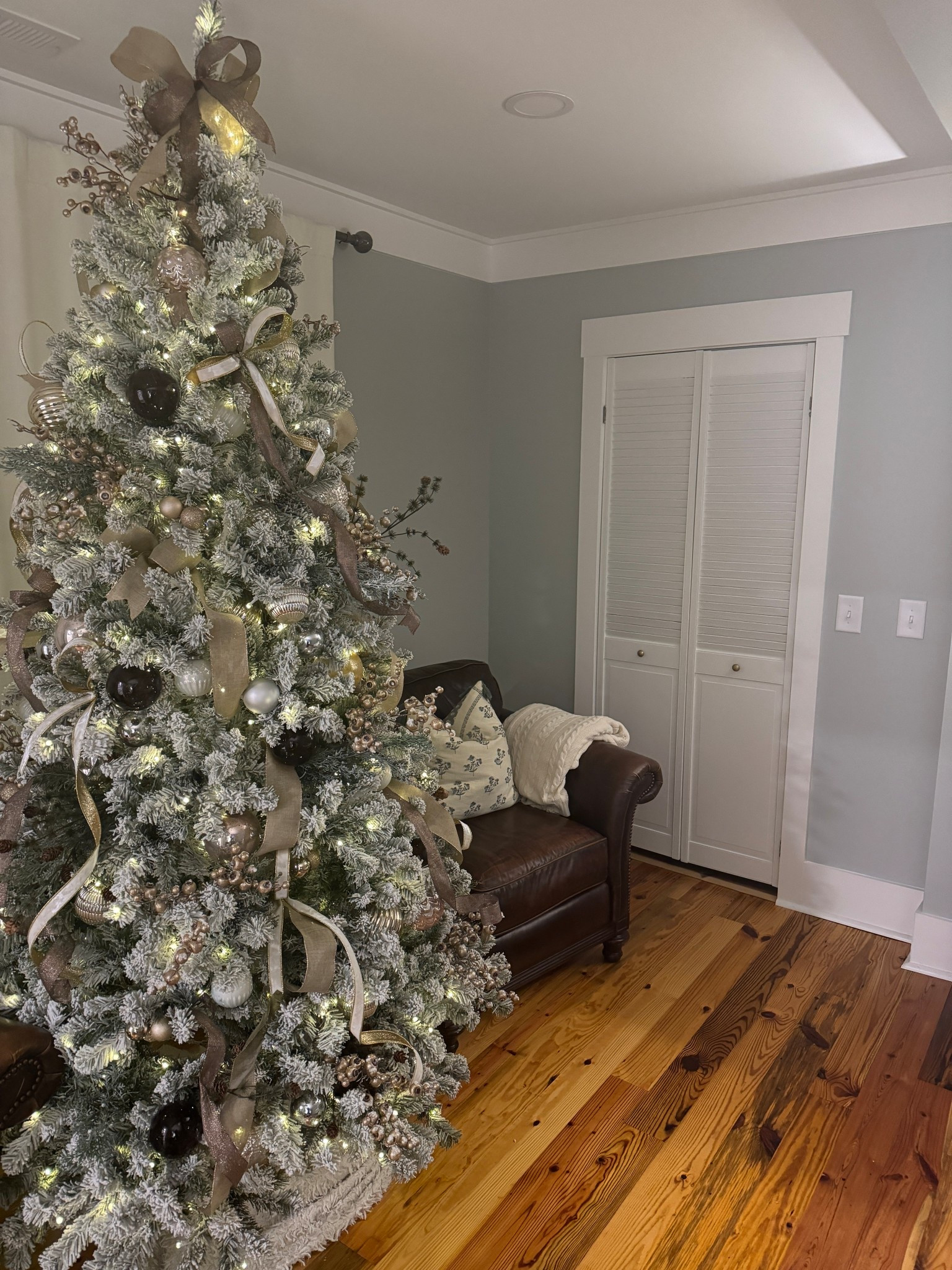 The tree is decorated in a cohesive color palette featuring champagne, gold, bronze, and soft metallic tones. A mix of ribbons cascade down the tree, woven throughout the branches. The ornaments include a mix of shiny, matte, and textured baubles—the key is to add a variety of textures. Clusters of decorative picks with berries and glittered accents add extra dimension.


#LTKHoliday #LTKHome #LTKSeasonal