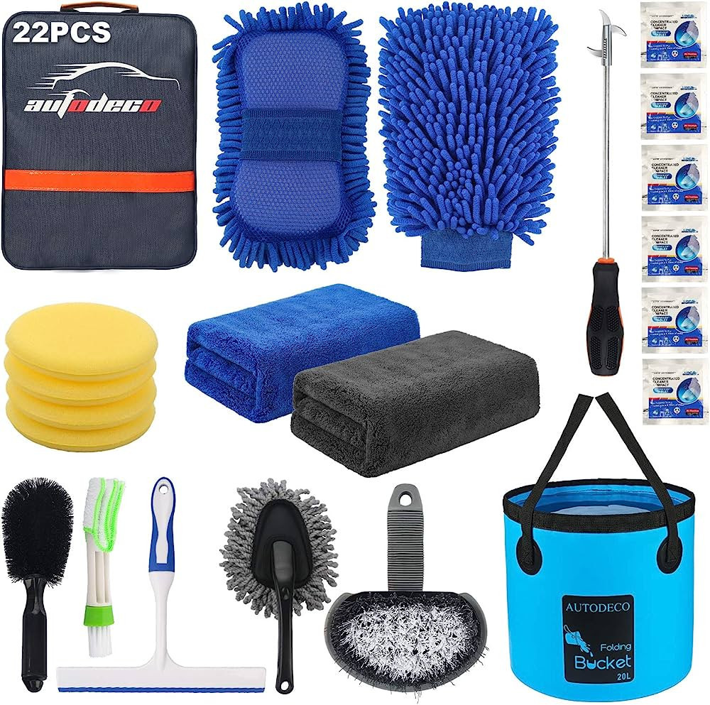 AUTODECO 22Pcs Car Wash Cleaning Tools Kit Car Detailing Set with Blue Canvas Bag Collapsible Buc... | Amazon (US)