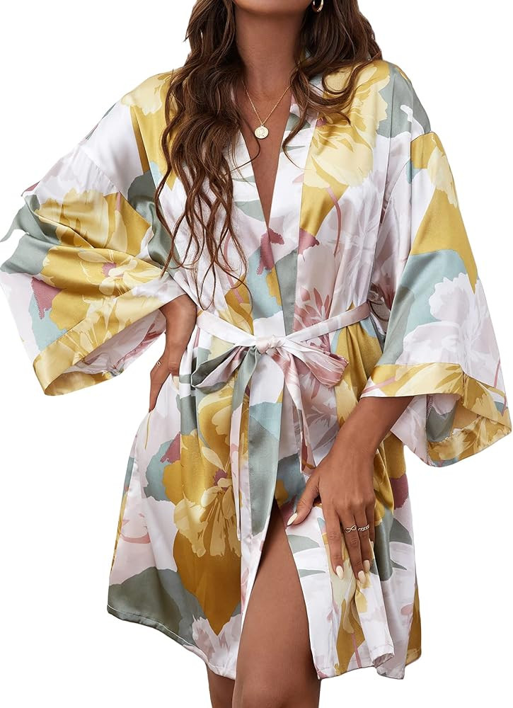 WDIRARA Women's Floral Print Long Sleeve Satin Long Robe Bridesmaid Wedding Party Robe | Amazon (US)