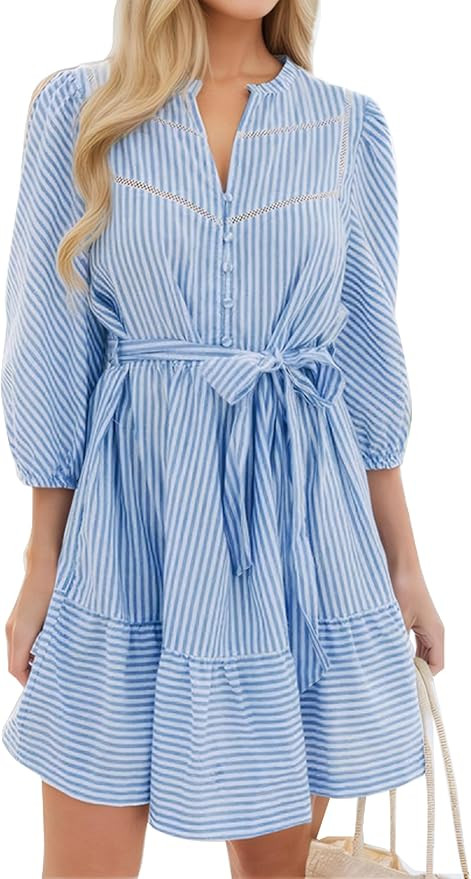 ECOWISH Women Striped Shirt Dress: Casual V Neck Button Down 3/4 Sleeve Belted Ruffle Flowy Midi ... | Amazon (US)