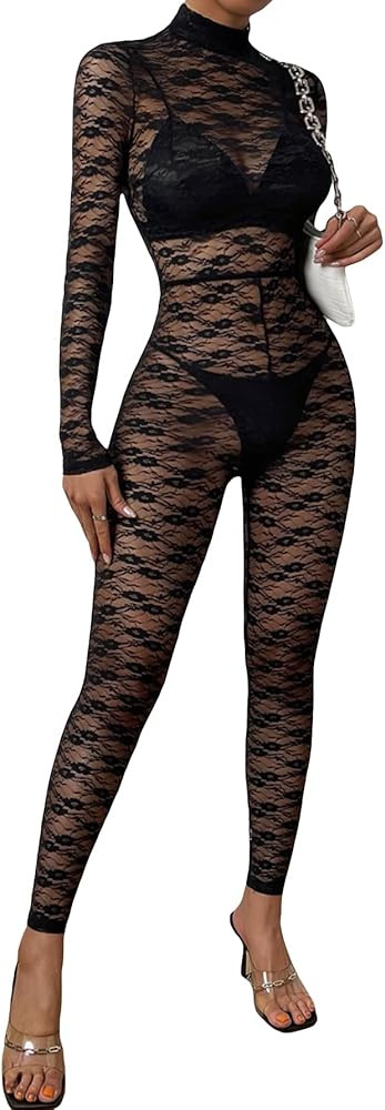 MakeMeChic Women's Sheer Lace Long Sleeve Mock Neck Bodycon Jumpsuit Unitard Bodysuit | Amazon (US)