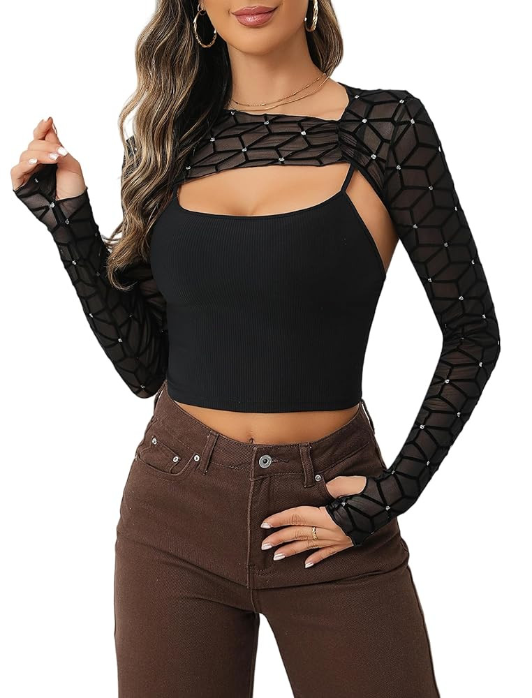 Avidlove Women Sexy Long Sleeve Mesh Crop Top Solid Cover Up with Spaghetti Strap Cami Top 2 Piec... | Amazon (US)