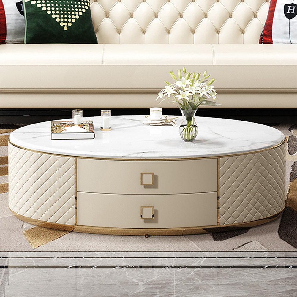 Modern White Oval Sintered Stone Top Coffee Table Microfiber Leather with 2 Drawers | Homary