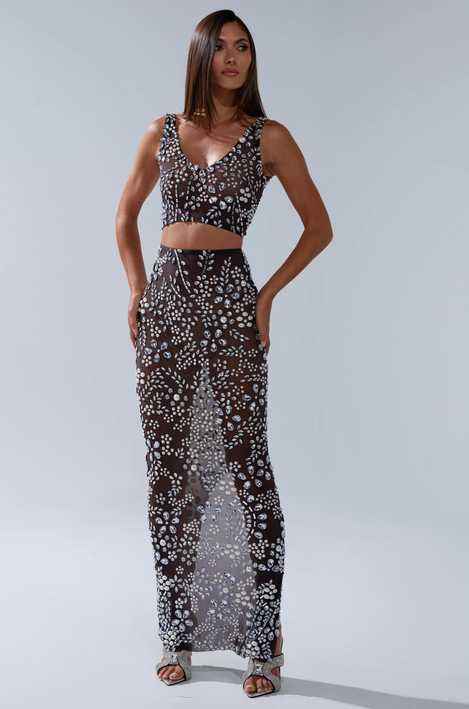 AKIRA Bling Mesh Rhinestone Maxi Skirt | Black | Size Large | AKIRA