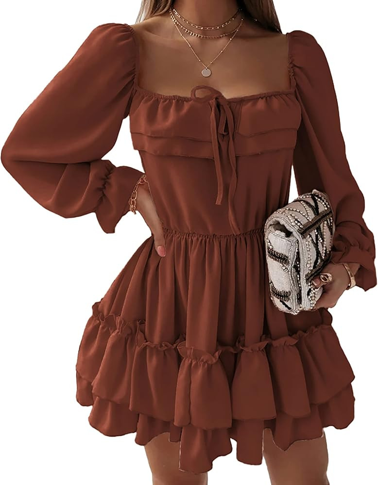 KIRUNDO Women’s Dresses 2022 Fall Long Flounce Sleeve Square Neck High Waist Ruffle Layered A Line S | Amazon (US)