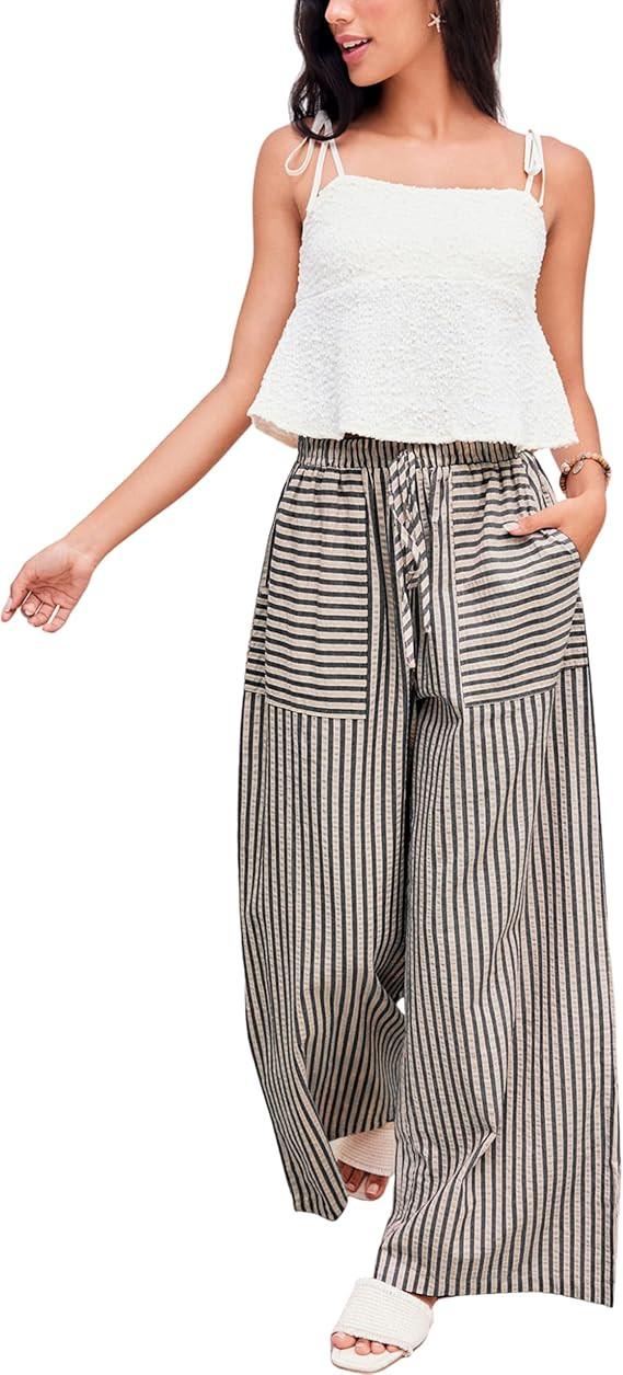 Yeokou Womens Casual Drawstring Elastic Waist Striped Wide Leg Pants with Pockets, XS-XL | Amazon (US)