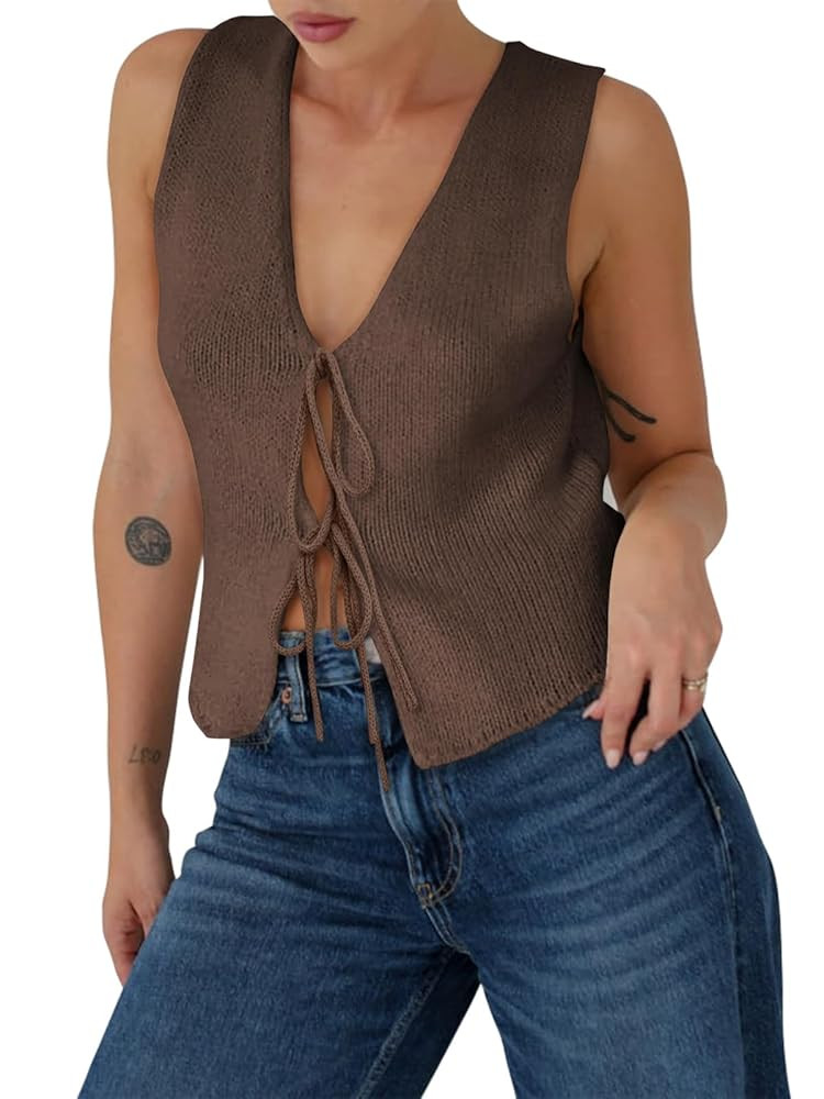 Yousify Womens Sweater Vests Tie Front Knit Vest Summer Ribbed Tank Tops Y2k Cute Vests Fashion C... | Amazon (US)
