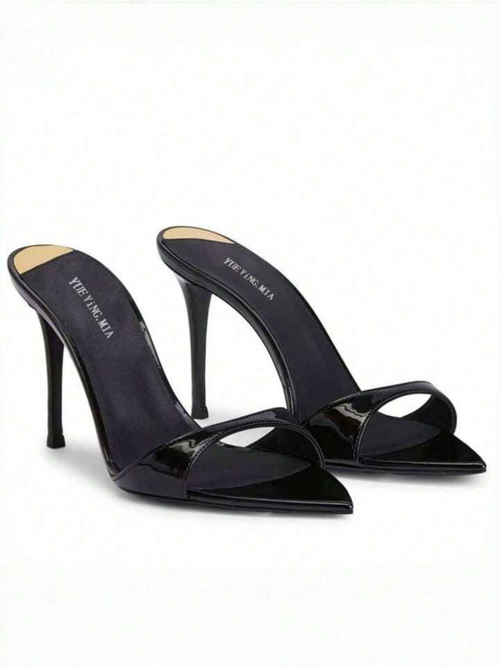 2025 Sommer Neue Spitz Zulaufende High Heel Schuhe, Träger-Absatz Mules Sandalen Für Frauen, Lackiertes Schwarz, Vielseitig & Minimalistisches Design | SHEIN