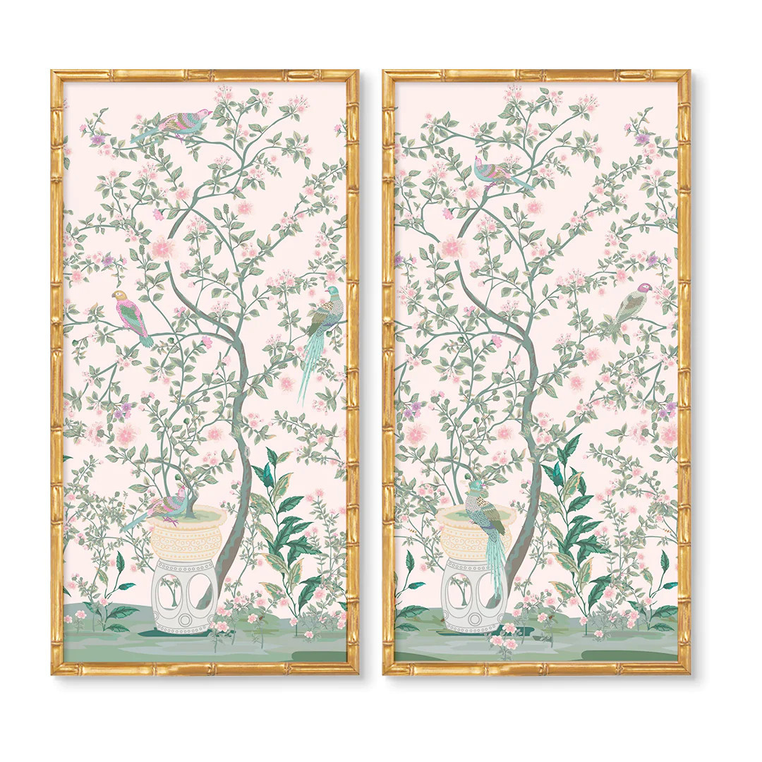 Sitting Bird Chinoiserie Panel Pair | Large Bird Murals | Urban Garden Prints