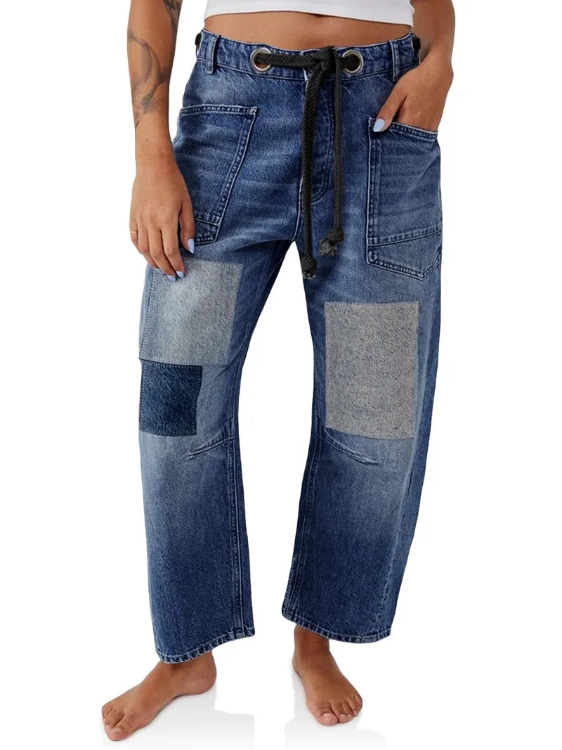 Womens Low Rise Baggy Barrel Horseshoe Jeans Patchwork Denim Pants with Pockets | Walmart (US)