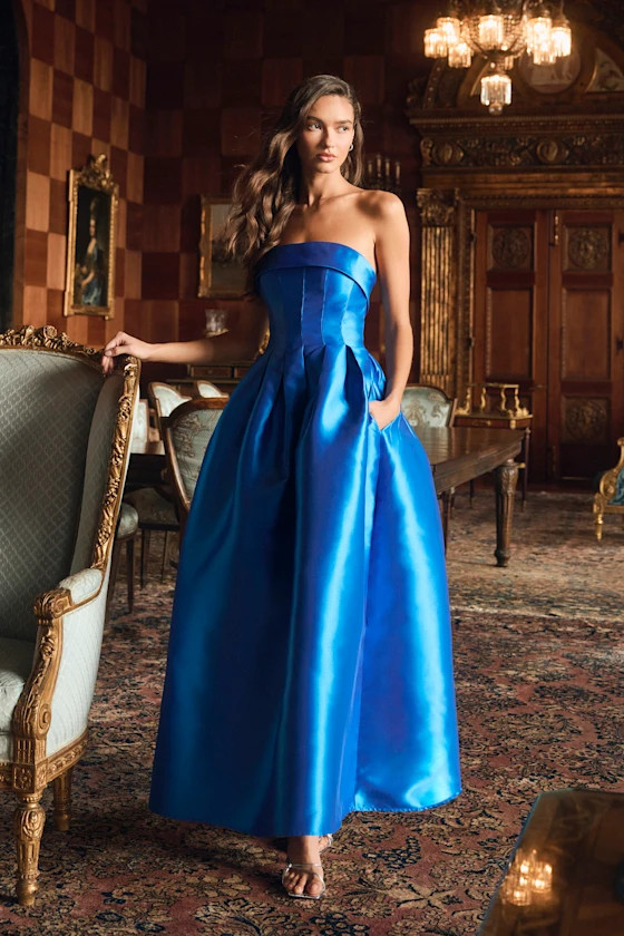 Novalie Blue Taffeta Pleated Strapless A-Line Maxi Dress | Lulus