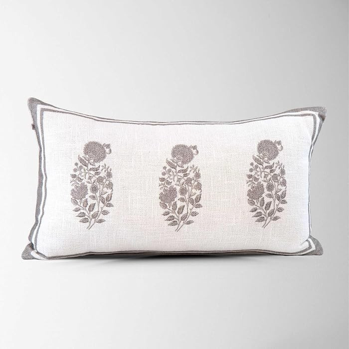Genevieve Beige Block Print Lumbar Pillow Cover \u2013 14x24, 100% Cotton Floral Cushion Cover fo... | Amazon (US)
