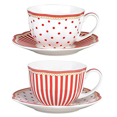 Grace Teaware Red Dot Stripes Scallop 9-Ounce Porcelain Tea/Coffee Cup and Saucer, Set of 2 | Amazon (US)