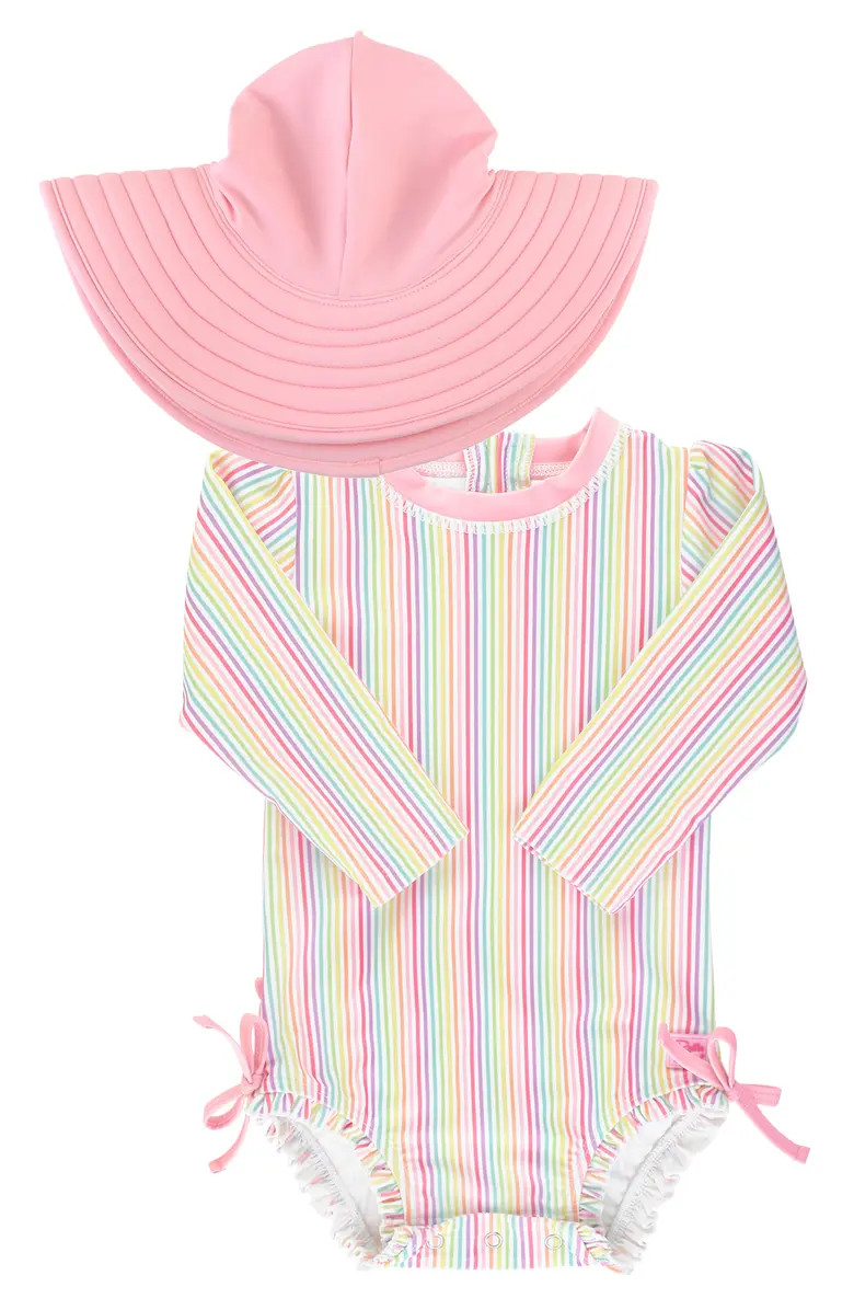 Rainbow Stripe One-Piece Rashguard Swimsuit & Hat Set | Nordstrom