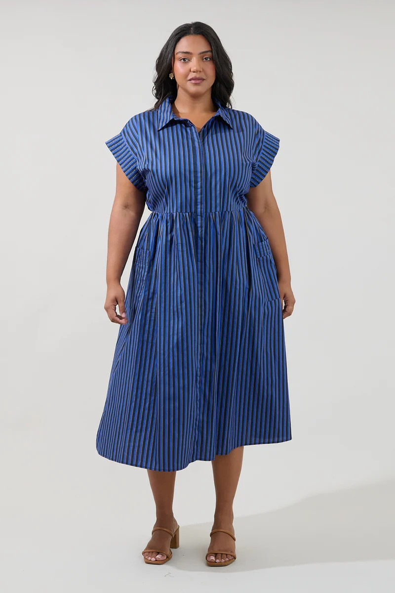 Grenola Button Up Midi Dress Stripe Curve | Sugarlips