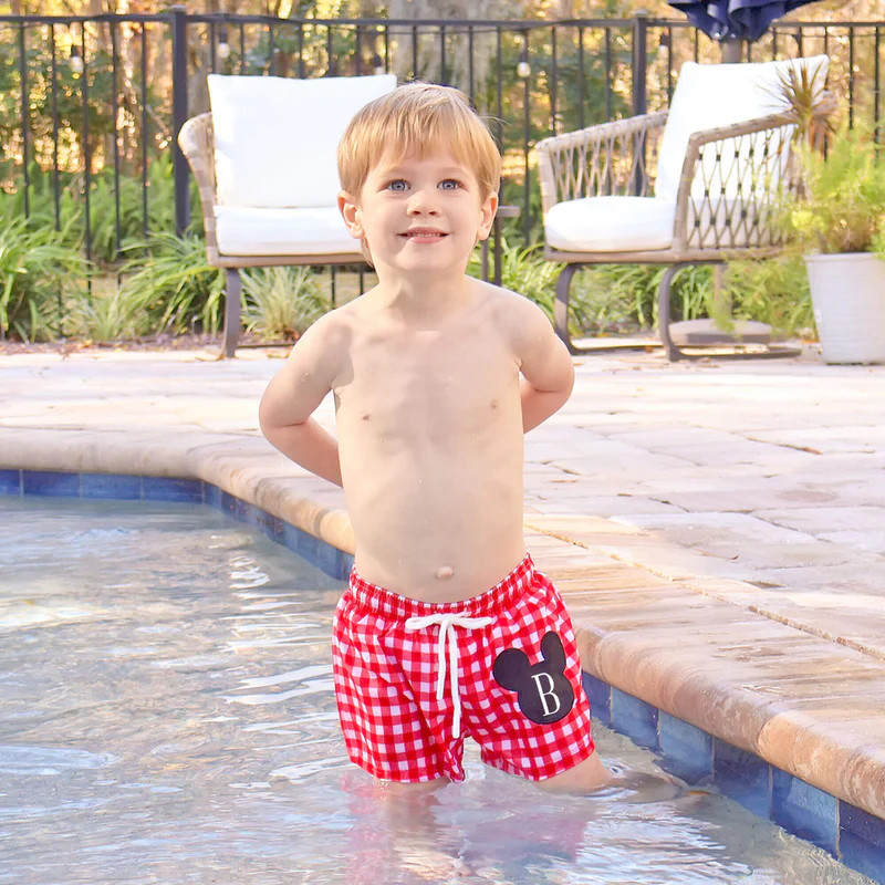 Red Gingham Mouse Ears Applique Swim Trunks | Classic Whimsy