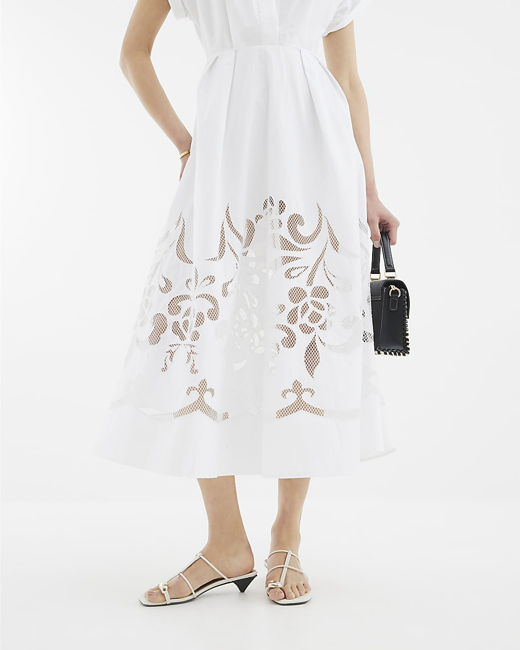 White Short Sleeve Cutwork Midi Dress | River Island UK & IE