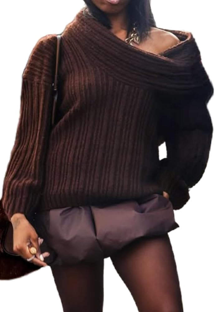 Vaceky Off The Shoulder Oversized Sweater Women Turtleneck Chunky Knit Pullover Sweaters | Amazon (US)