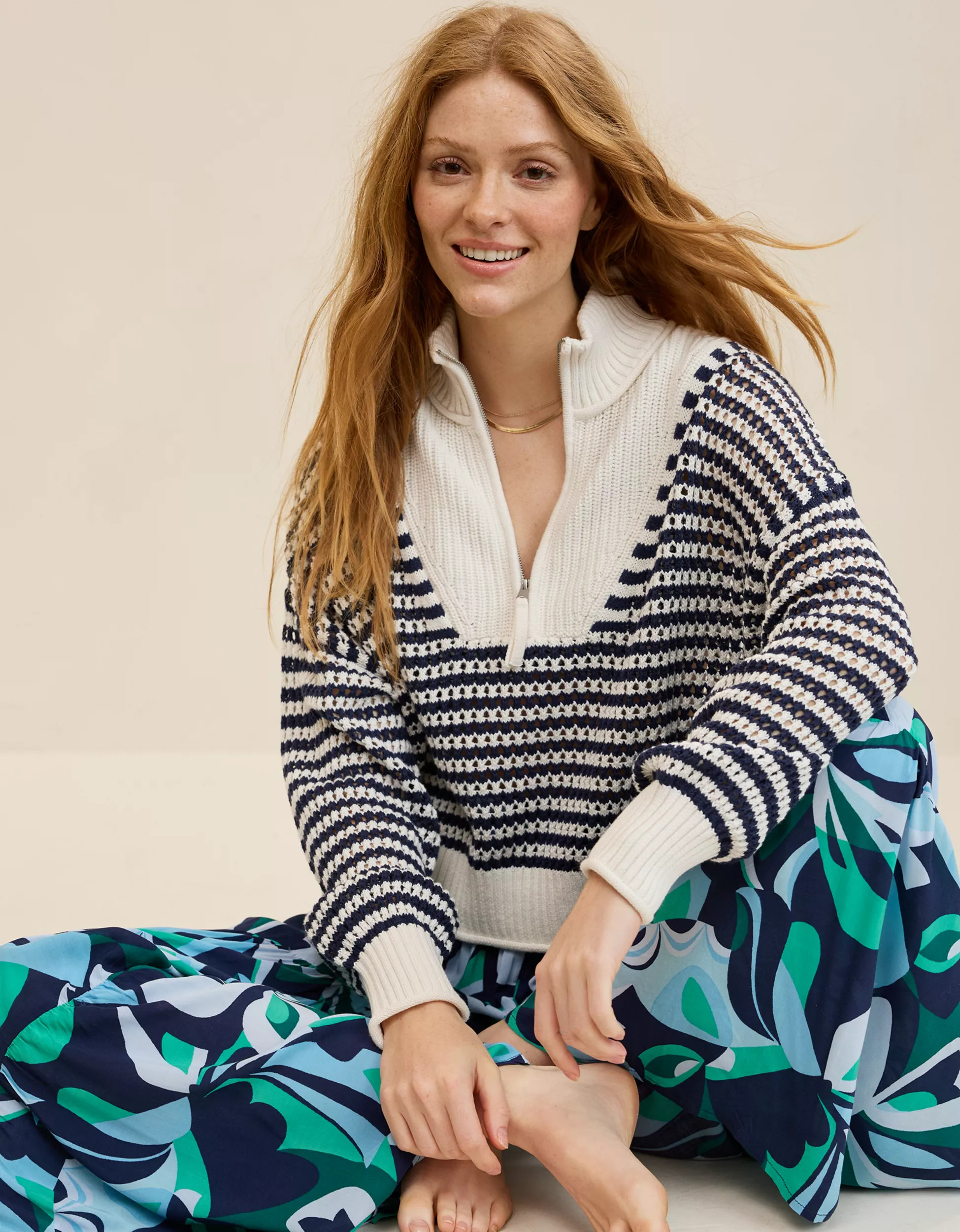 Aerie Crochet Quarter Zip Sweater | Aerie