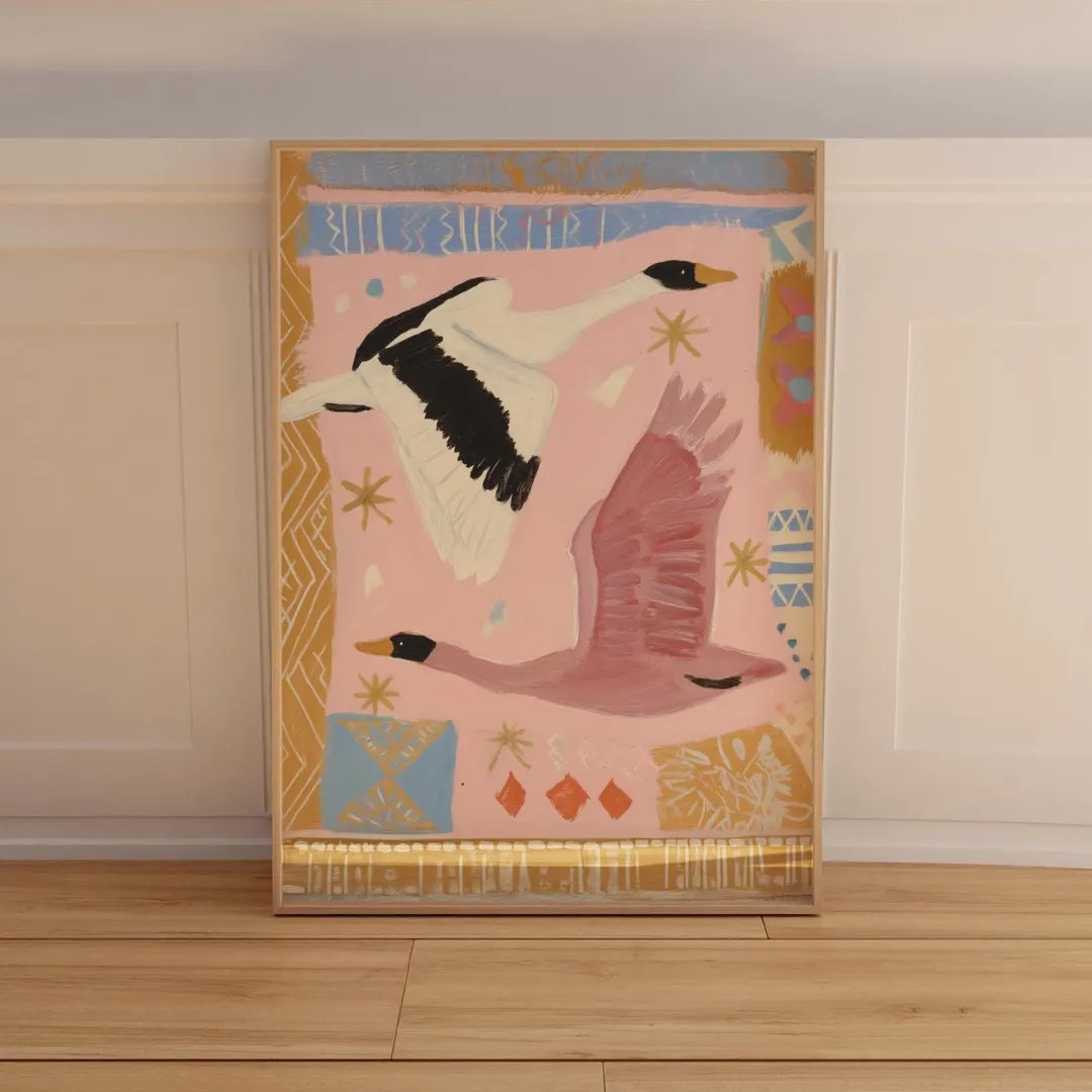 Boho Swan Wall Art Print: Abstract Pink Bird, Cottagecore Decor (Digital Download) | Etsy (US)