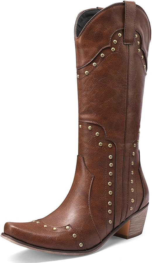 Roimaash Fashionl Slouch Cowboy Boots Jeans Knee High For Women Stacked Heels | Amazon (US)