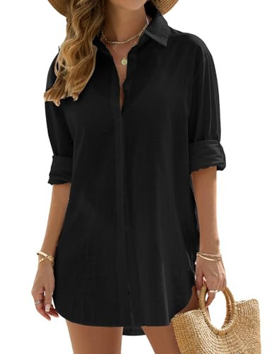 Jyanl Swimsuit Coverup for Women Bathing Suit Cover Up Beach Shirt Casual V Neck Button Down Shirt Dress Bikini Swimwear Coverups Vacation Outfits Black | Amazon (US)