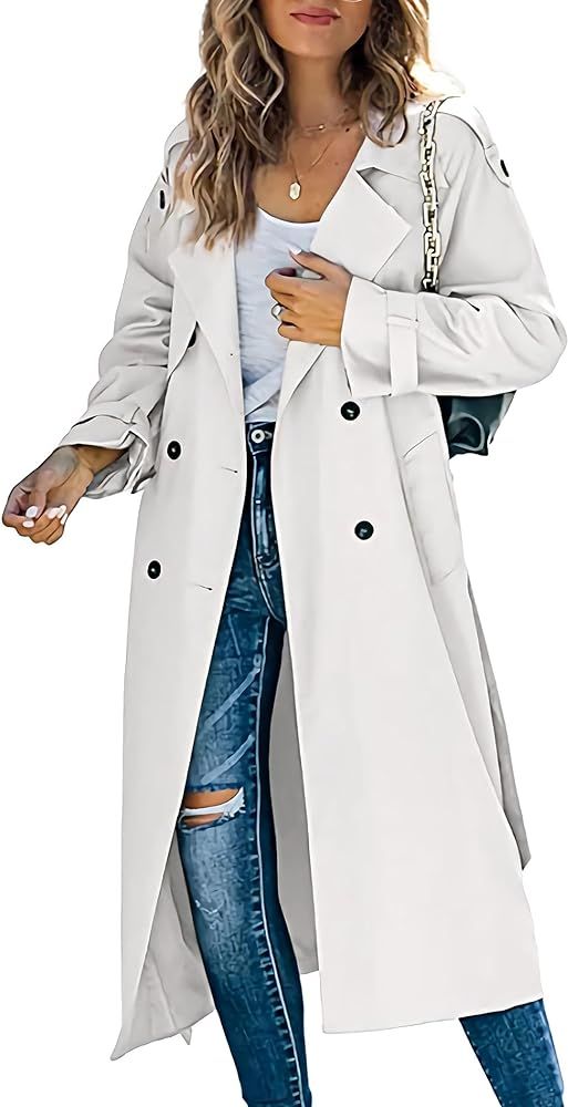 Zontroldy Women's Double Breasted Long Trench Coat Lapel Solid Color Windbreaker Jacket with Belt... | Amazon (US)
